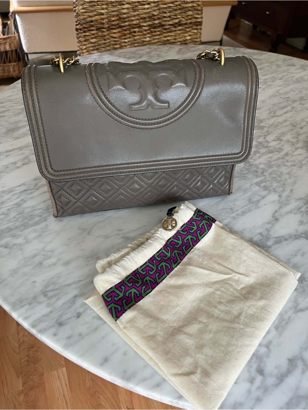 Tory Burch Quilted Fleming Bag - Taupe Gray with Gold Hardware